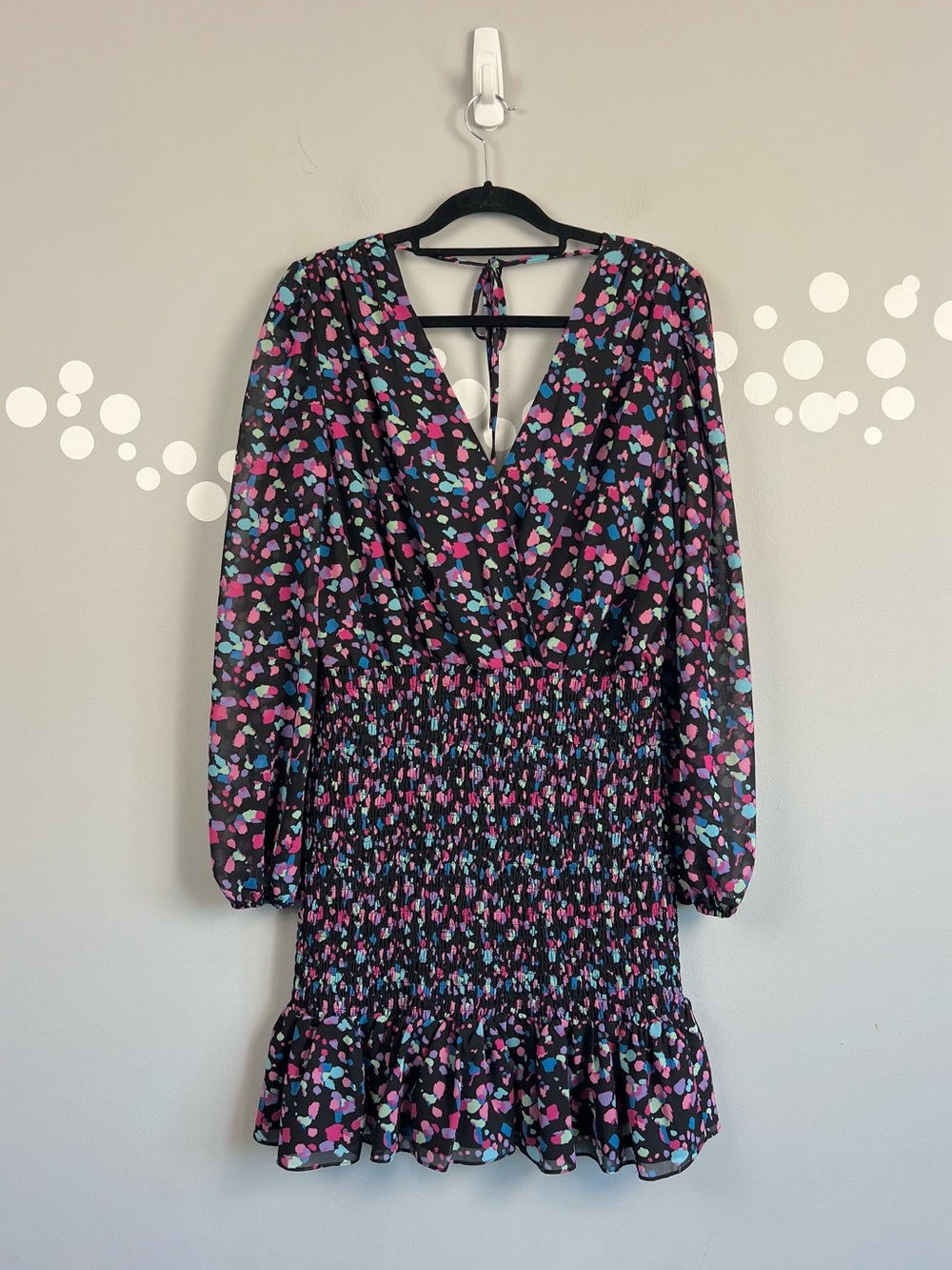 LEYDEN Smocked V Neck Long Sleeve Mini Dress Multicolor L NWT
